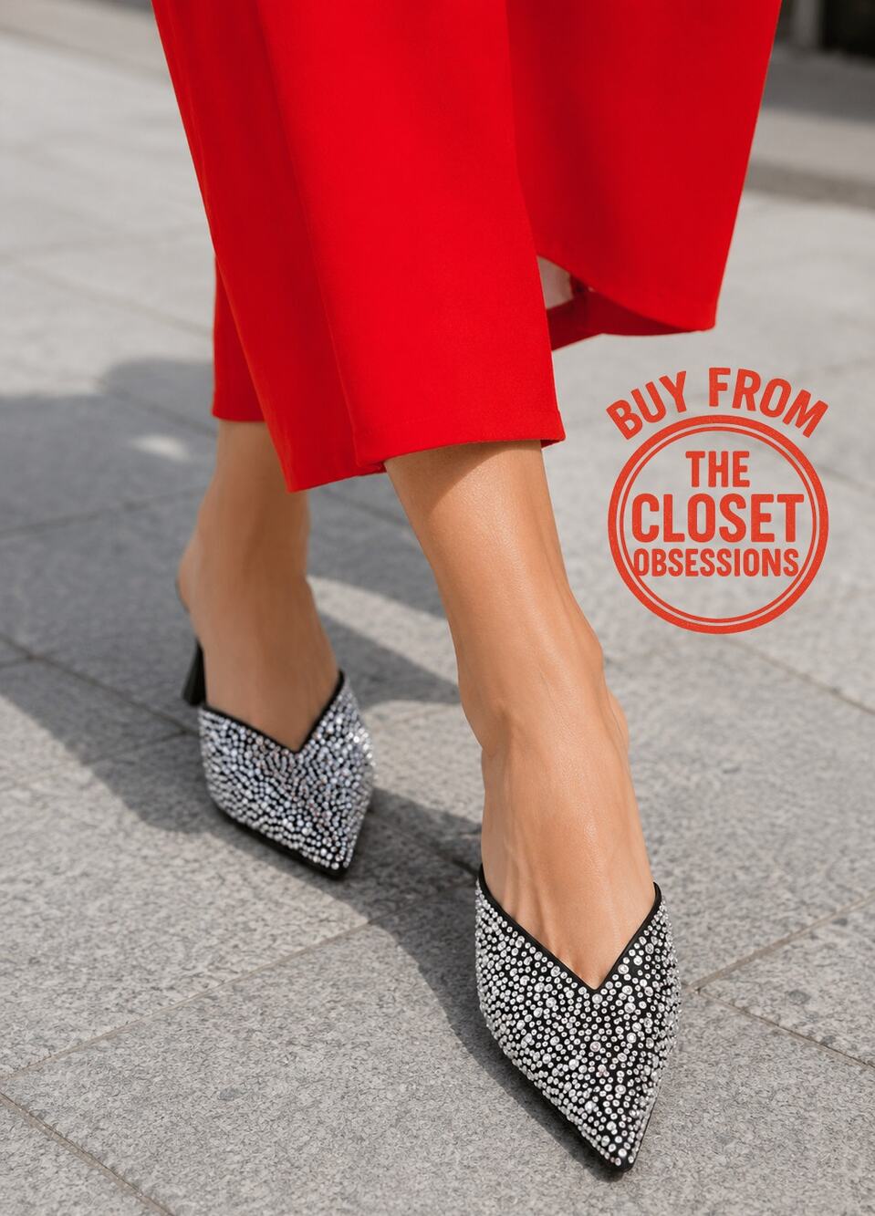 MANGO Crystal Rhinestone Mule Heels NWT Pointed Toe Kitten Heel Size 6.5